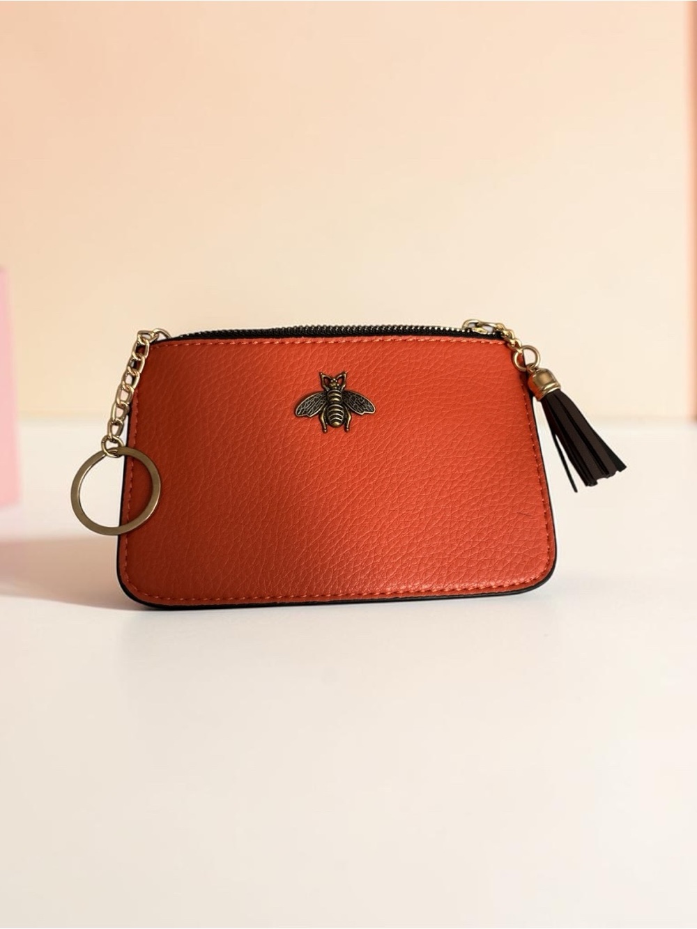 Women's Orange Zip Wristlet Wallet with Bee Accent